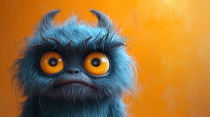  a close up of a very cute furry animal with big eyes and a weird look on it's face, with a yellow wall in the background behind it.