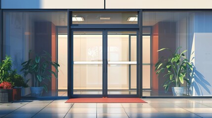 The glass door of an office building provides a modern and transparent entryway - obrazy, fototapety, plakaty