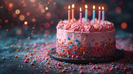  a birthday cake with pink frosting and multicolored sprinkles on a black plate with a blurry boke of lights in the background of the background.