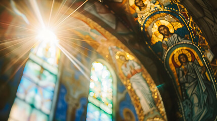 Mosaico Religioso Tesouro no Teto da Catedral Histórica Iluminado por Luz Natural e Vitrais Coloridos - obrazy, fototapety, plakaty