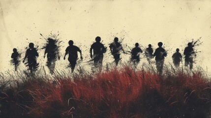  a group of people standing next to each other on top of a dry grass covered field in front of a white and black background with a red line of tall grass. - obrazy, fototapety, plakaty