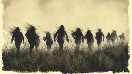 Fotobehang  a group of silhouettes of people walking through a field with tall grass and weeds in the foreground, with a foggy sky in the background and a sepia tone to the foreground. © Wall