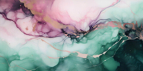 High resolution Modern creative fluid art alcohol painting brush stroke, Green and light pink purple background marble texture. Abstract painting for banner, website, texture
