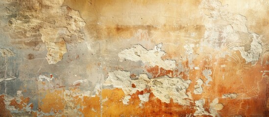 The image showcases an aged brown and white wall with peeling paint, revealing a captivating blend of textures and abstract forms. The weathered appearance adds character to the wall.