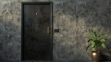 A light switch mounted on a textured gray wall adjacent to a door with a metallic handle