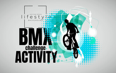 Vector banner or flyer with cyclist on the bike. Abstract poster of BMX competitions sport template.