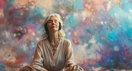 Obraz premium Healing sounds and sound therapy. Sound healing well-being senior mature woman in headset in sound healing therapy and meditation.