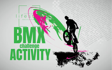 Vector banner or flyer with cyclist on the bike. Abstract poster of BMX competitions sport template. - 745431845