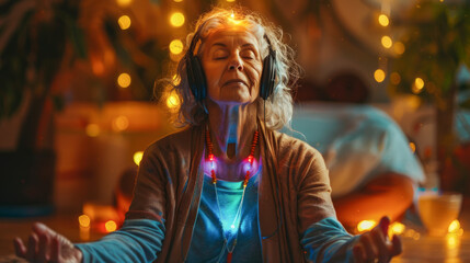 Healing sounds and sound therapy. Sound healing well-being senior mature woman in headset in sound healing therapy and meditation.