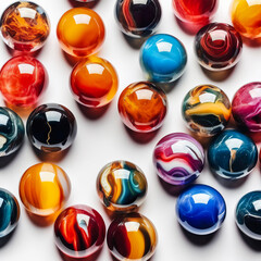 Fototapeta premium A captivating composition of colorful marbles, showcasing their varying dimensions against a white backdrop.