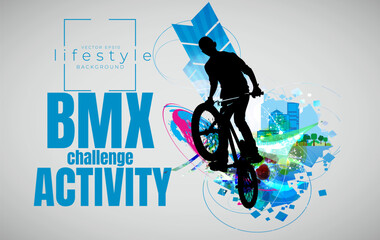 Vector banner or flyer with cyclist on the bike. Abstract poster of BMX competitions sport template. - 745431875