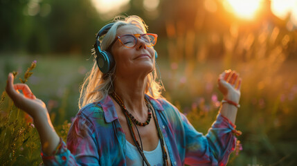 Healing sounds and sound therapy. Sound healing well-being senior mature woman in headset in sound...