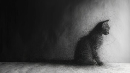  a black and white photo of a cat sitting in the corner of a room with the light coming through the window and the cat's hair blowing in the air. - obrazy, fototapety, plakaty