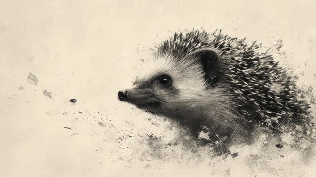  a black and white photo of a hedgehog's face with sprinkles on it's fur and a black and white background with a white background.