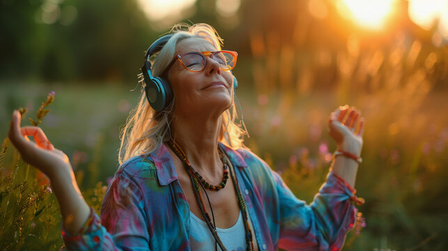 Healing sounds and sound therapy. Sound healing well-being senior mature woman in headset in sound healing therapy and meditation.