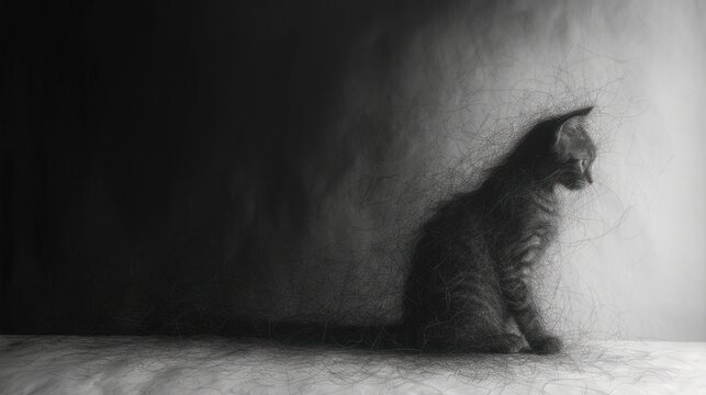  a black and white photo of a cat sitting in the corner of a room with the light coming through the window and the cat's hair blowing in the air.