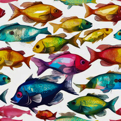 Eye-catching, colorful fishes stand out on a white background.

