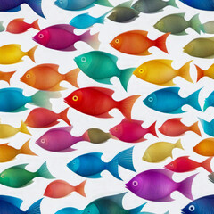 Vibrant fishes against a crisp white background.

