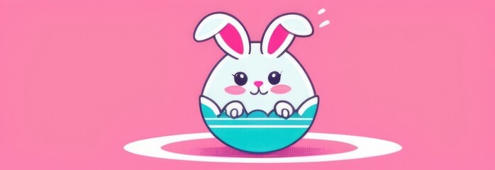 Happy Easter banner with cute Easter bunny hatching from pink Easter egg on pastel pink background. Illustration of Easter rabbit sitting in cracked eggshell. Happy Easter greeting card. Copy space.