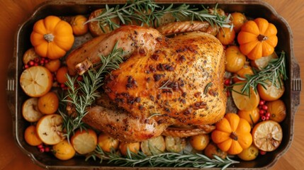  a roasted turkey in a roasting pan surrounded by oranges, rosemary, and gourmet cranberries on a wooden table with a knife and fork. - obrazy, fototapety, plakaty