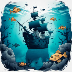 An abstract representation of a ship encircled by vibrant fish, focusing on bold colors and contrasting forms

