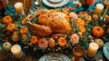  a turkey sitting on top of a table surrounded by orange and yellow flowers, candles, and candlesticks in front of a plate with a turkey on it.