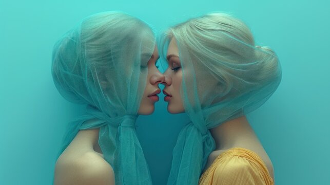  a couple of women standing next to each other in front of a blue wall with veils on their heads and one of them touching the other's face.