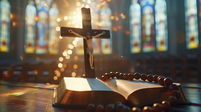 A luz divina uma fotografia celestial de uma cruz um terço e uma Bíblia iluminados por raios coloridos