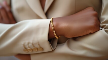 a gold bracelet on the hand of a woman who is dressed in a classic light colored business suit