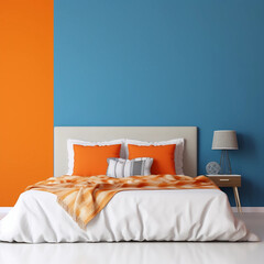 Bed against a vibrant orange and blue wall Modern minimalist bedroom interior design