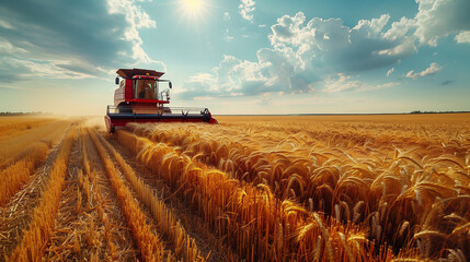 Obraz premium Farmer harvesting ripe wheat with a combine harvester on a sunny day