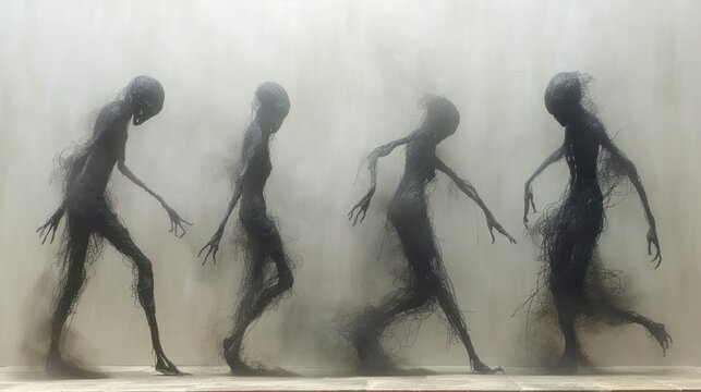  a group of silhouettes of people walking through a foggy room with their hands in the air and their legs in the air, with their arms and legs in the air.