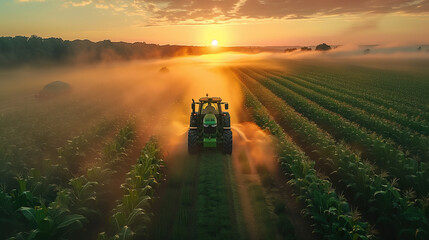 Fototapeta premium green tractor cultivating corn fields with added dirt road