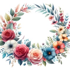 Fototapeta na wymiar White Setting with Watercolor Blossom Circle