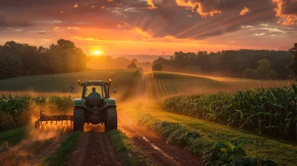 Foto op Canvas green tractor cultivating corn fields with added dirt road © sergiokat