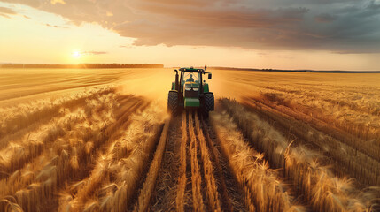 Fototapeta premium green tractor cultivating wheat fields with added dirt road