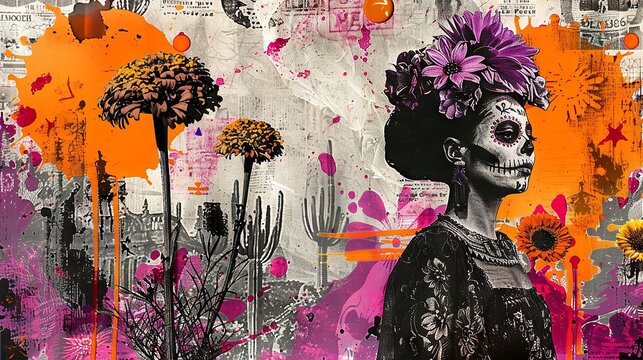 A collage with a B&W photo of Dia de los Muertos, featuring purple and orange patterns for marigolds and sugar skulls, capturing the celebration's spirit.

