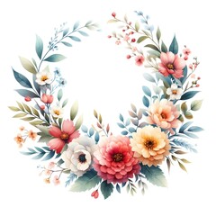 Watercolor Flower Wreath on White Surroundings
