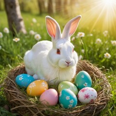 Fototapeta na wymiar Easter Bunny with Painted Easter Eggs in the Fresh Green Grasss, Festive in the Nature Illustration