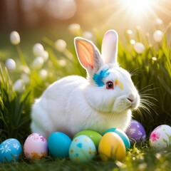 Easter Bunny with Painted Easter Eggs in the Fresh Green Grasss, Festive in the Nature Illustration