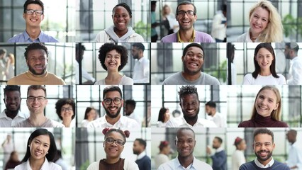 Collage of different emotional people looking at the camera.
