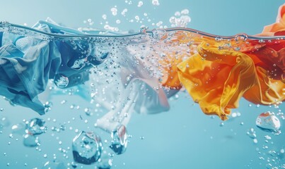 Cleaning clothes. Washing machine or detergent liquid with floating clothes underwater with bubbles and wet splashes