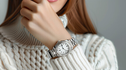Stylish golden white classic watch on woman hand