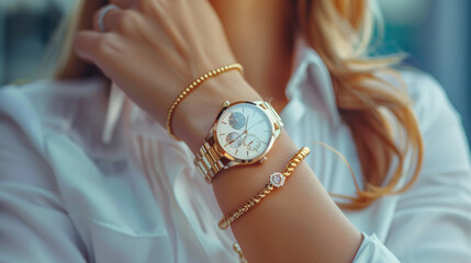 Stylish golden white classic watch on woman hand - obrazy, fototapety, plakaty