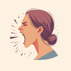 Angry screaming woman side profile. Head of a stressed girl. Vector illustration