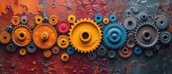  a group of different colored gears on a red, orange, yellow and black piece of art that appears to be part of a piece of a piece of art. - obrazy, fototapety, plakaty