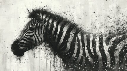 Fototapeta na wymiar a black and white picture of a zebra with splashes of paint on it's face and neck, in front of a grunge background of a white wall.