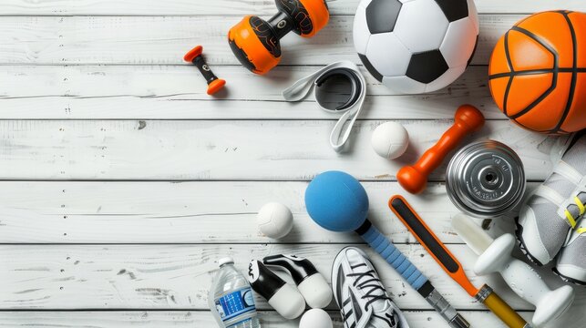 Top view of sports equipment arranged on a white wooden background, serving as motivation