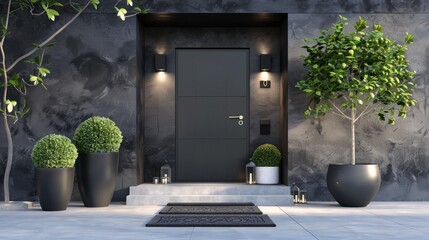 3D rendering showcases the stylish black front door of a modern house set against black walls. Scene includes a doormat, trees in pots, stairs, and lamps, creating a sleek and contemporary aesthetic