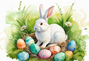 Adorable Easter Bunny with Vibrant Colorful Easter Eggs in the meadow grass, Watercolor Painting Illustration